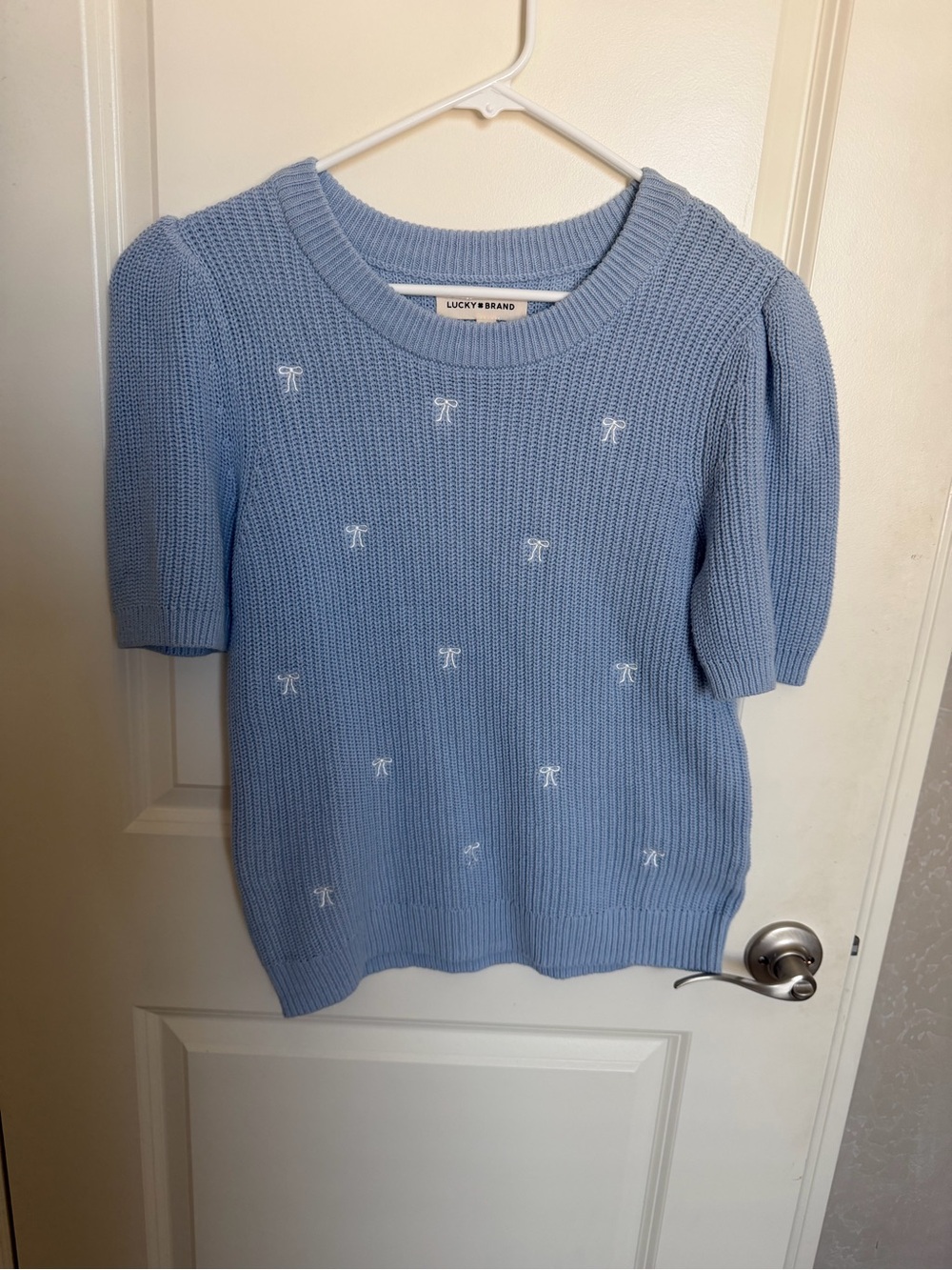 Lucky Brand Powder Blue Short Sleeve Knit Sweater with White Bow Embroidery